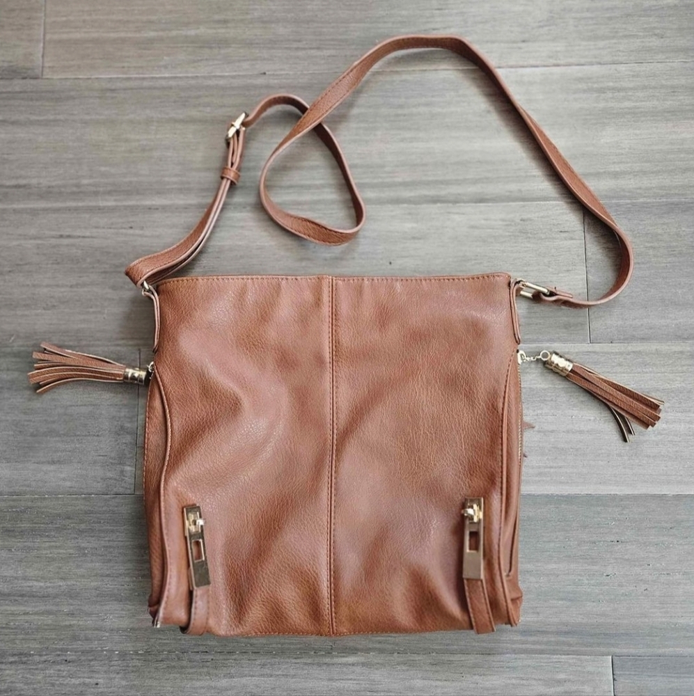 MMS Brown Leather Crossbody Bag Purse Gold Accents